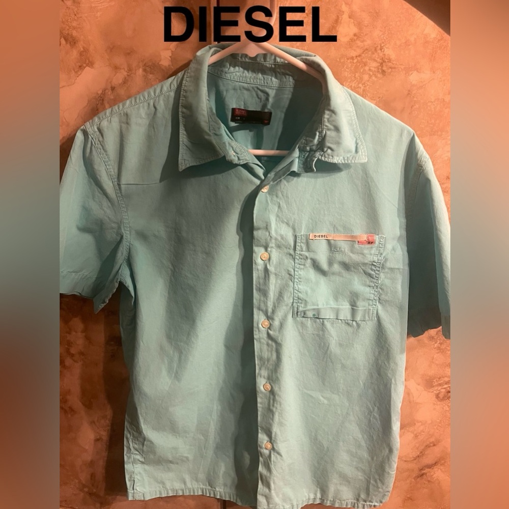 Diesel Men's Aqua Short Sleeve Button Down Shirt Small